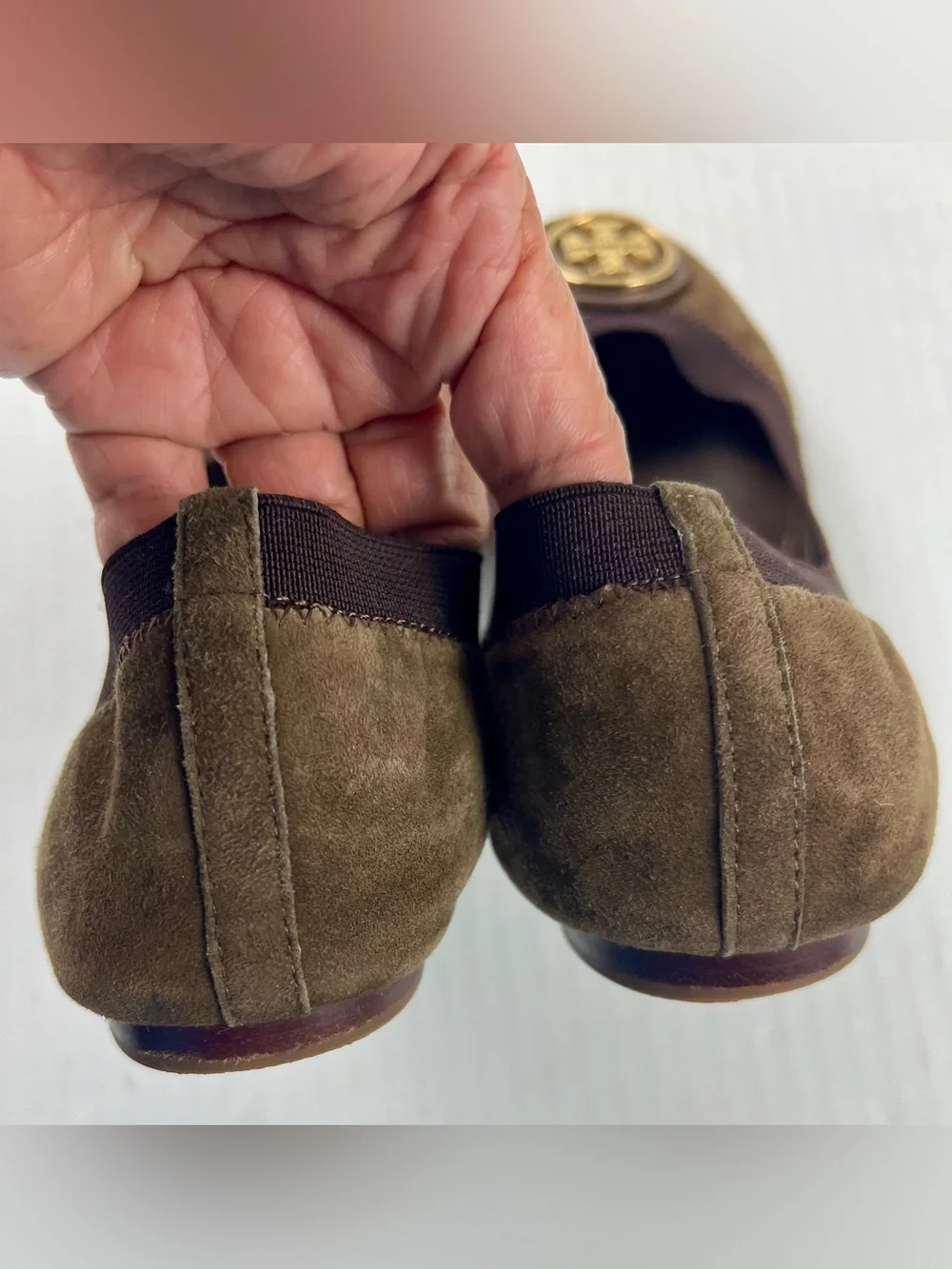 Tory Burch Brown Suede Logo Ballet Flats with Gold Emblem